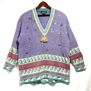 Vintage 80s RARE SK Wear Large Sweater V-Neck Multicolor Sequins Coins Knit Ugly